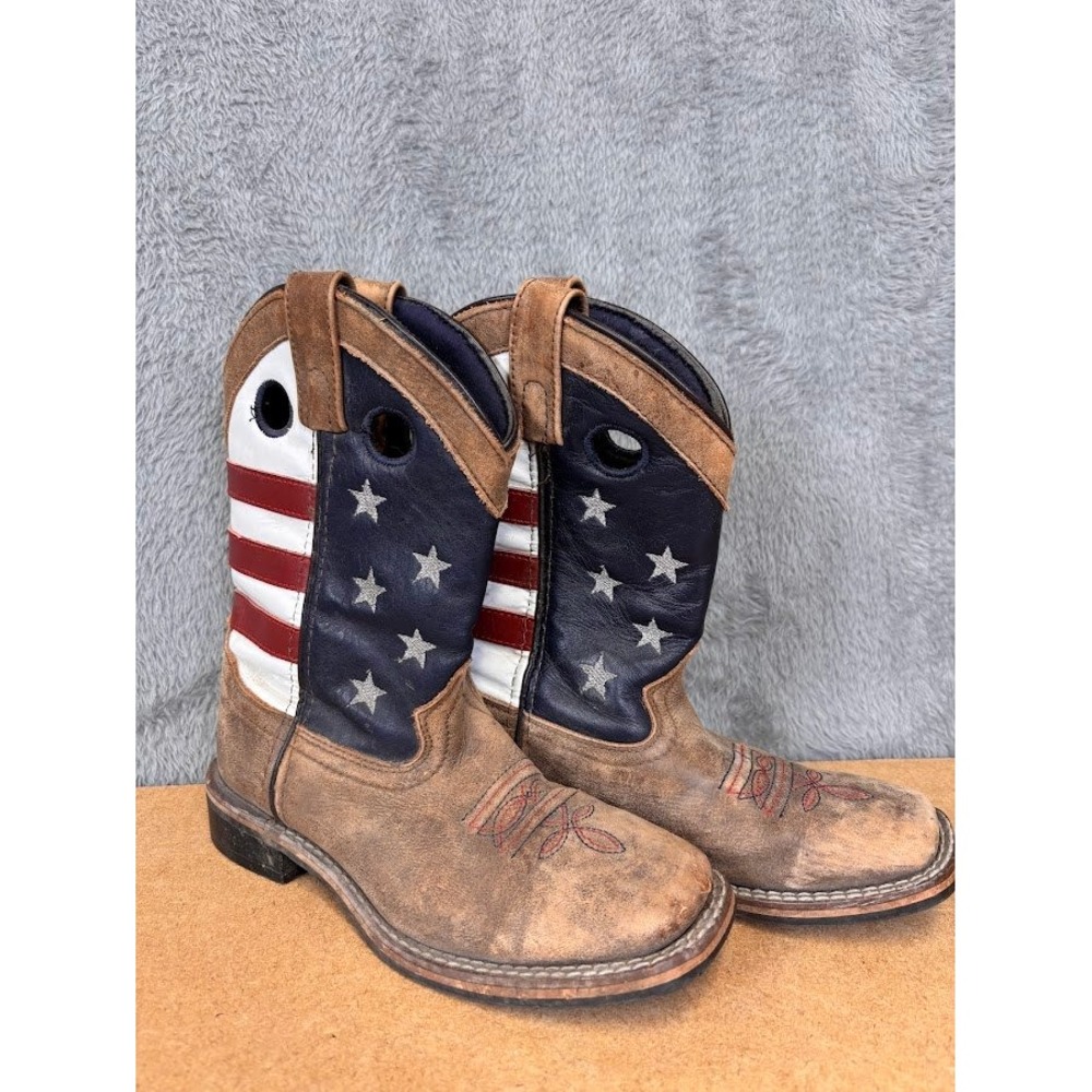 Kids American Flag Western Cowboy Boots Brown Leather Square Toe Stars Stripes - Picture 3 of 10